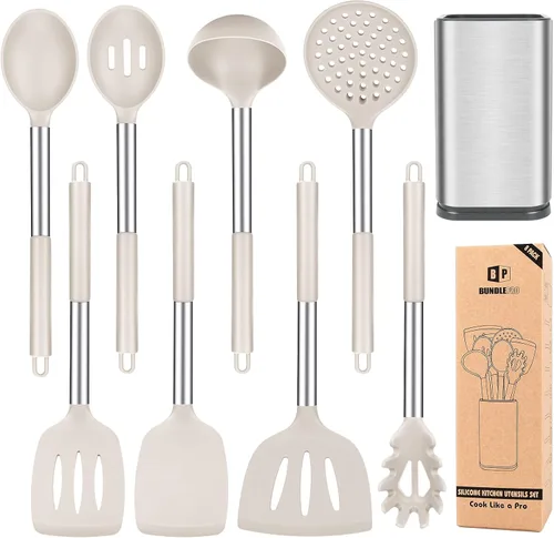 Vista 11 de Juego de utensilios de cocina de silicona, 8 utensilios de cocina antiadherentes con mango de acero inoxidable, herramientas de cocina resistentes