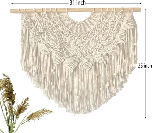 Vista 2 de Youngeast Cortina grande de macramé para colgar en la pared, estilo bohemio, con cuentas para ventana, macramé, cabecero, sala de estar, decoración