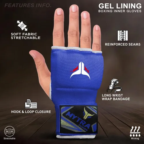 Vista 5 de Mytra Fusion Guantes interiores híbridos de boxeo para niños, boxeo, artes marciales mixtas, Muay Thai, gimnasio, entrenamiento, gel, guantes