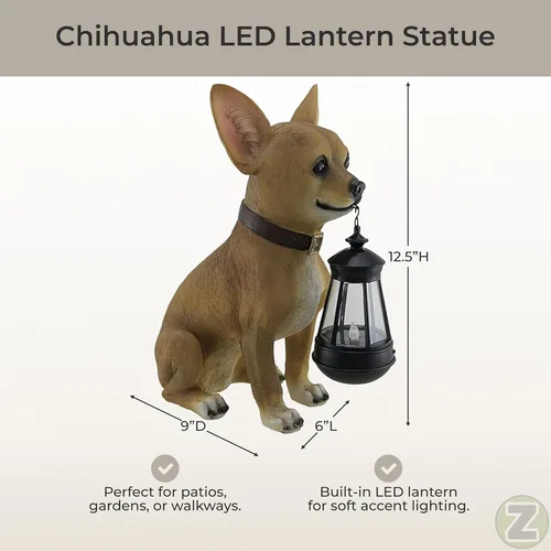 Vista 5 de Zeckos Little Light Keeper: Estatua de Chihuahua con linterna LED – Figura de decoración al aire libre para jardín, patio y patio – Compañero