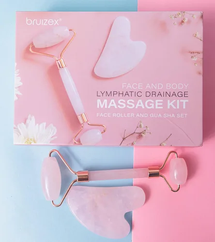 Vista 5 de Bruizex Juego de masajeador facial de drenaje linfático: rodillo facial de cuarzo rosa y herramienta facial Gua Sha para masaje linfático, alivio