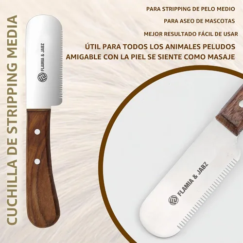 Vista 6 de FLAMIA & JABZ Cuchillo profesional para pelar a mano para el aseo de perros, herramienta para recortar, mango de madera Meranti rojo agarre