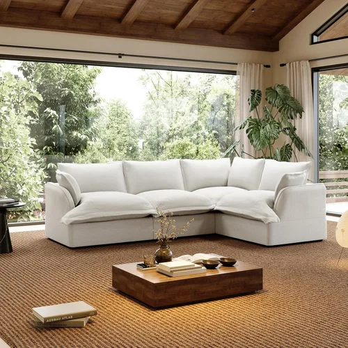 Vista 26 de Sofá modular de mezcla de lino para sala de estar, cómodo sofá modular con relleno de plumón, moderno sofá cama convertible con asiento profundo