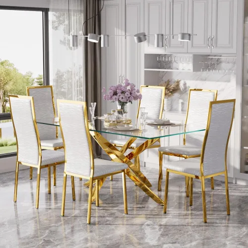 Vista 52 de Juego de mesa de comedor de cristal dorado moderno de 63 pulgadas para 6, juego de mesa de cocina rectangular de 7 piezas con patas de acero Negro