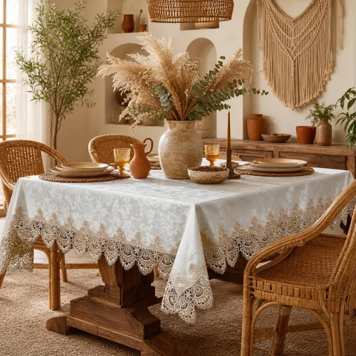 Vista 17 de ARTABLE Mantel rectangular de encaje de macramé con flores antiguas de primavera para casa de campo rústica al aire libre, cocina, fiesta de Marrón