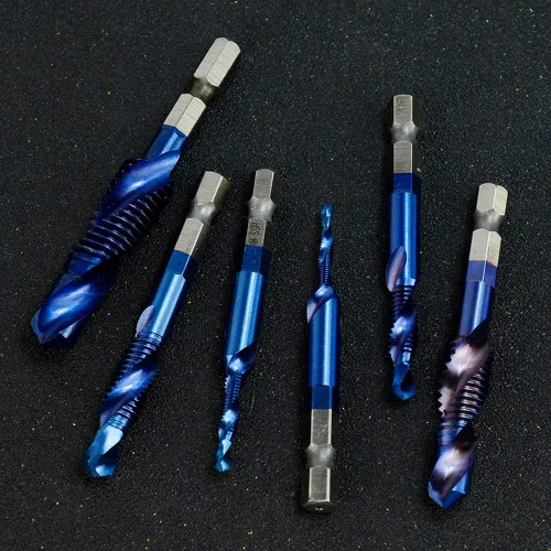 Vista 5 de Juego de 6 brocas combinadas, roscas de rosca métrica M3 M4 M5 M6 M8 M10 con revestimiento nano azul, vástago hexagonal