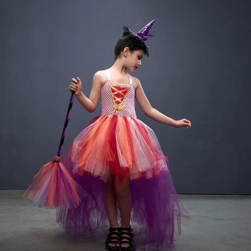 Vista 4 de Disfraz de bruja de Halloween para niños y niñas, vestido de tul, vestido de niña con accesorios, trajes para fiestas infantiles, festivales, cosplay