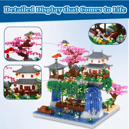 Vista 4 de Juego de construcción de árbol de cerezo en flor, bloques de arquitectura china, juego de casa Sakura japonesa, juego de bonsái para adultos, regalo