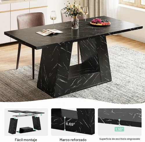Vista 5 de Mesa de comedor Tribesigns para 4 a 6 personas, mesa rectangular de 63" para comedor, mesa moderna de madera con falso mármol para cenas con base