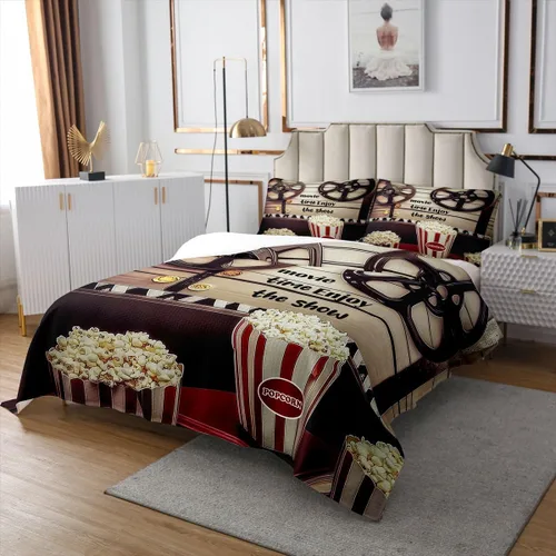 Vista 3 de Homewish Theater Cinema Poster Quilt Sets Twin Size,Retro Movie Bedspread Coverlet 2Pcs for Kids Girls Boys Room Decor,Popcorn Quilts Set Movie