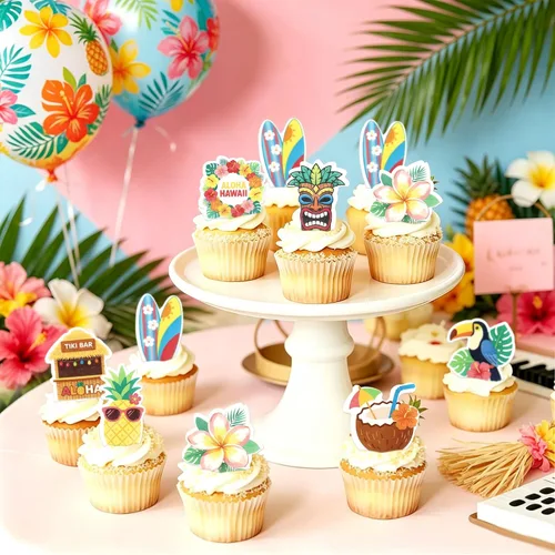 Vista 4 de Ercadio Paquete de 24 adornos para tartas de flamencos hawaianos con purpurina rosa, flamencos Luau, decoración hawaiana tropical de verano, Aloha