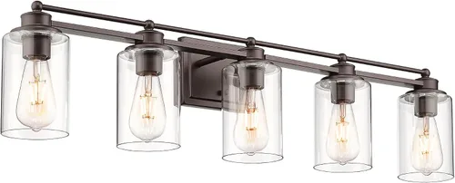 Vista 14 de HWH - Lámpara de tocador cromada con 5 luces sobre espejo, lámpara de pared moderna para baño, 37 pulgadas, acabado cromado, 5HLT63B-5W CH