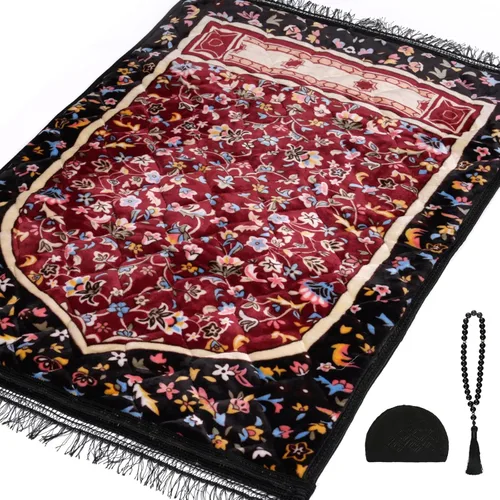 Vista 12 de Alfombra de oración musulmana con cuentas de oración Tasbih y sombrero de kufi, acolchada muy gruesa, alfombra de oración para hombres y mujeres