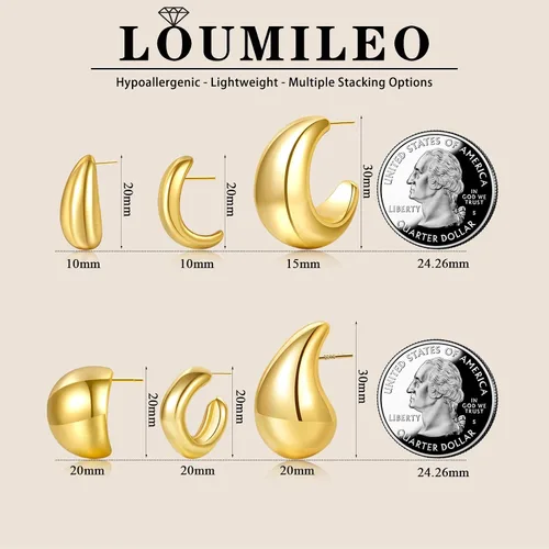 Vista 2 de LOUMILEO 6 Pairs Chunky Gold Hoop Earrings Set for Women 14K Gold Plated Teardrop Waterdrop Earrings Dupes Lightweight Hypoallergenic Gold Earrings
