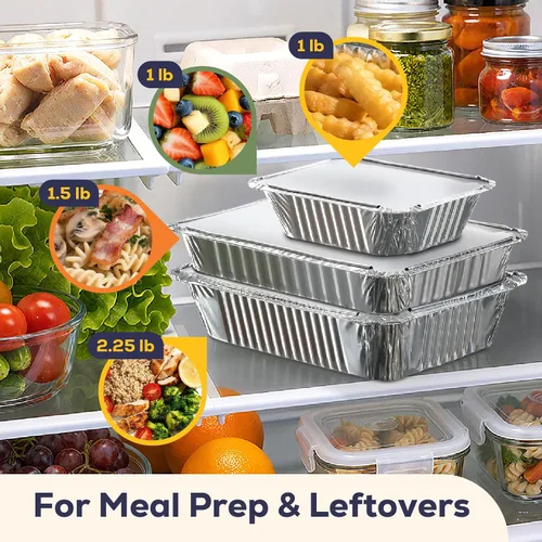 Vista 7 de Fit Meal Prep Paquete de 150 sartenes pequeñas de papel de aluminio de 1 libra con tapas, recipientes desechables para alimentos con tapas
