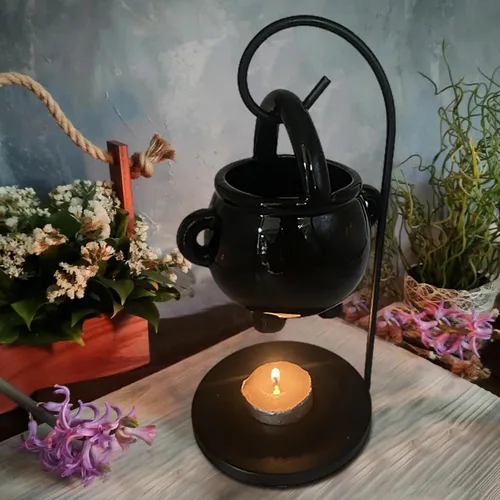 Vista 6 de Quemador de aceite de caldero colgante, adornos para quemador de cera de Halloween, calentador de cera negra, difusor de aroma con asa