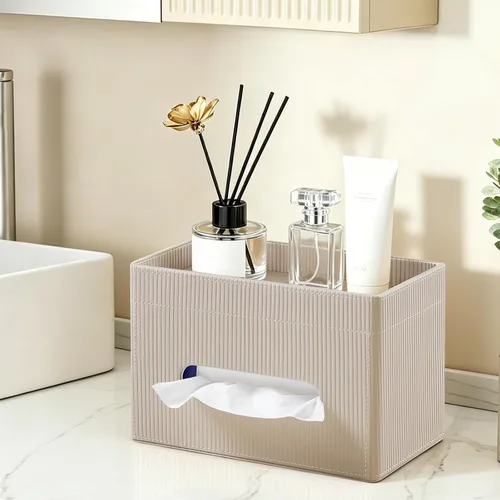 Vista 5 de Funda para Caja de Paños Rectangular con Bandeja de Almacenamiento, Soporte de Paños de PU para Tocador de Baño, Mesitas de Noche, Dormitorio