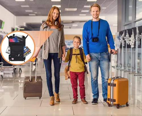 Vista 6 de Cartera de cuello con bloqueo RFID, bolsa de viaje para pasaporte para mujeres y hombres, color negro