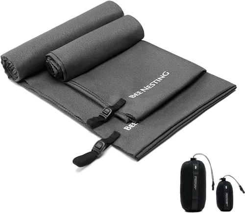 Vista 12 de Bee Nesting Toalla ultraligera de secado rápido – Paquete de 2 toallas de microfibra medianas y pequeñas con bolsillo compacto plegable para viajes