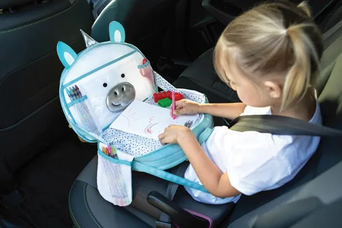 Vista 8 de Lulyboo Bandeja y mochila para asiento de automóvil de unicornio para niños pequeños Escritorio de viaje para niños con superficie de escritura