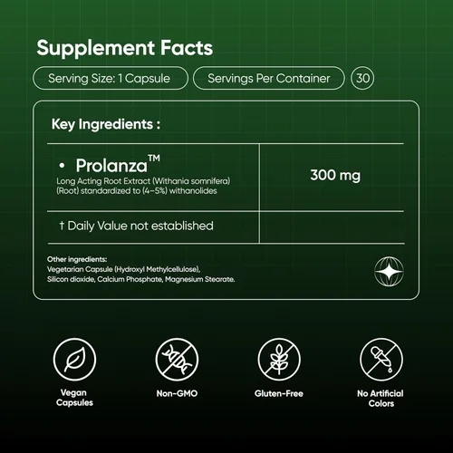 Vista 6 de Ashwagandha 300 mg + extracto de raíz de liberación de 12 horas (Prolanza) + suplemento de apoyo para el estrés, el sueño y la energía para hombres