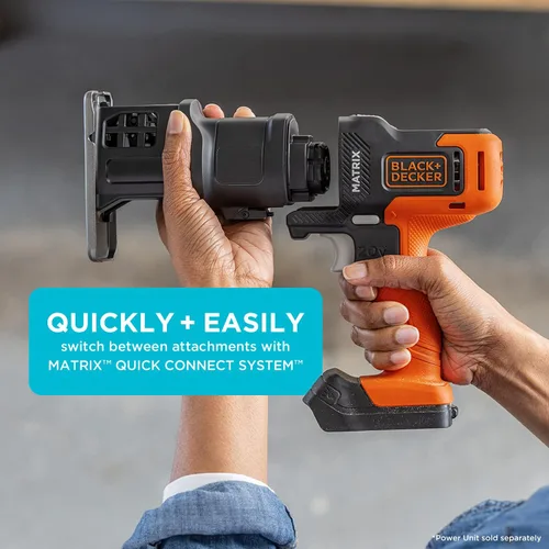 Vista 6 de BLACK+DECKER Kit de taladro inalámbrico MATRIX de 20 V, blanco y naranja con accesorio de sierra de calar de matriz para taladro inalámbrico