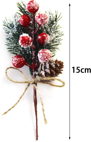 Vista 5 de Paquete de 20 ramas de piñas artificiales de Navidad, ramas de pino de 5.9 pulgadas, tallos de bayas de acebo blanco, ramas de pino, tallos de bayas