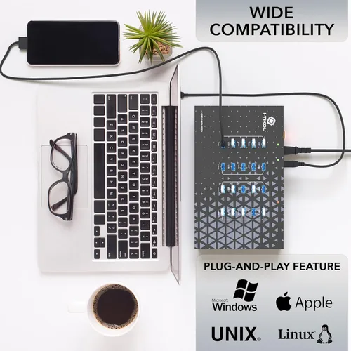 Vista 6 de Hub USB 3.0 de 20 puertos – Sincronización de 5 Gbps y transferencia de datos de alta velocidad, concentrador USB con fuente de alimentación