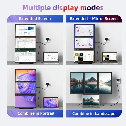 Vista 2 de Extensión de Pantalla Cuádruple para Laptop, Monitor Triple FHD de 15.6" 1080P, Combinado en una Pantalla de 30" (Paisaje/Retrato), Solo 1 Cable