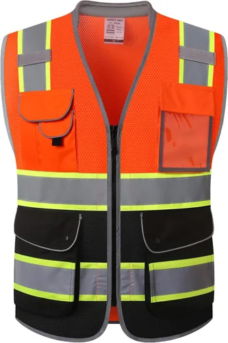 Vista 17 de JKSafety Chaleco de seguridad frontal con cremallera de alta visibilidad Clase 2 de 9 bolsillos con tiras reflectantes, cumple con las normas