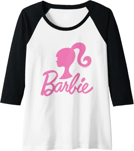 Vista 3 de Barbie - Camiseta de béisbol raglán raglán con logotipo rosa de Barbie, Negro - Negro/Blanco
