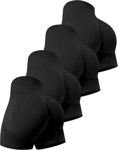 Vista 23 de CHRLEISURE Pantalones Cortos de Entrenamiento para Mujer, 4 Paquetes, Cintura Alta, Levantamiento de Glúteos con Fruncido, Pantalones Cortos Booty