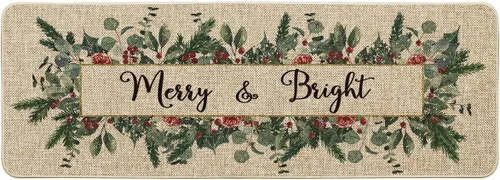Vista 7 de Artoid Mode Merry&Bright Tapete de Puerta de Navidad con Hojas de Eucalipto y Acebo, Decoración del Hogar de Invierno y Navidad, Alfombra