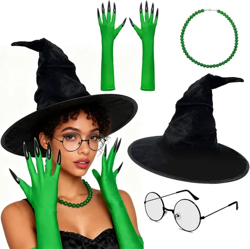 Vista 7 de Sombrero de bruja de Halloween, disfraz de bruja, gafas con guantes para mujer, accesorios de cosplay de película de Halloween, suministros