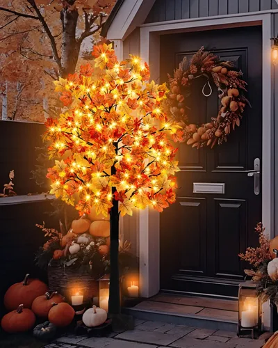 Vista 8 de Uieke Árbol de arce artificial de otoño con 48 luces LED de 4 pies con 12 luces de piño, 8 modos, decoración de otoño para el hogar, decoración