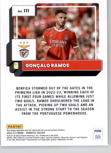 Vista 2 de 2022-23 Donruss FIFA Soccer #111 Goncalo Ramos SL Benfica Oficial Panini Trading Card (foto de stock mostrada, tarjeta en estado casi menta a menta)