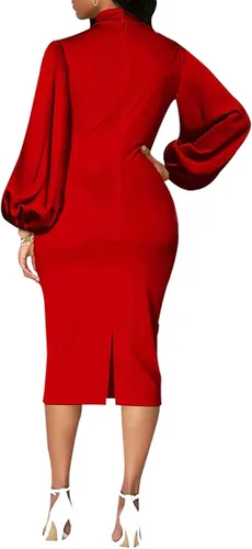Vista 3 de LalaLin Elegante vestido de manga larga para mujer, color sólido, trabajo, oficina, graduación, vestido sexy para iglesia