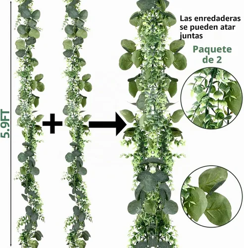Vista 3 de Paquete de 2 guirnaldas artificiales de eucalipto de 6 pies con luces para primavera y verano, guirnaldas de imitación de eucalipto falso, hojas