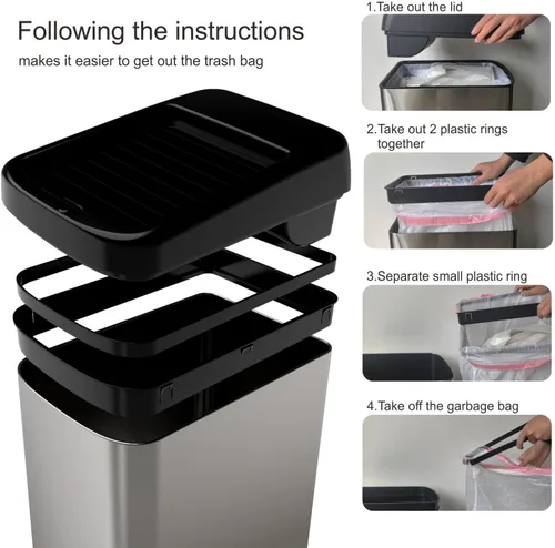 Vista 7 de ELLO&ALLO Bote de basura de cocina de 13 galones con tapa enrollable, sensor de movimiento automático sin contacto rectangular con ruedas, acabado