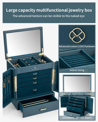 Vista 5 de Vlando Joyero grande, cajas de joyería y organizadores de 6 niveles, estuche de almacenamiento de joyas con espejo con 5 cajones, reloj de piel