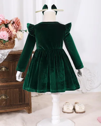 Vista 4 de Kucnuzki Vestido de terciopelo para niña pequeña, vestido de terciopelo sólido para niña, vestido de princesa casual para fiesta de otoño