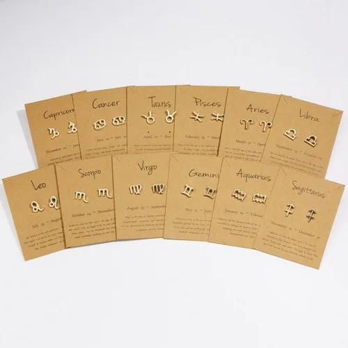 Vista 3 de Pendientes de tuerca chapados en oro de 18 quilates con tarjeta, horóscopo, zodíaco, cartulina de lágrima ligera y pequeña astrología, para mujeres