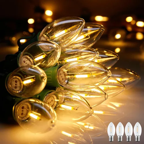 Vista 9 de Luces LED vintage C9 de Navidad, cadena de luces C9 de 25 pies con 25 bombillas LED C9 de plástico, luces impermeables conectables al aire libre