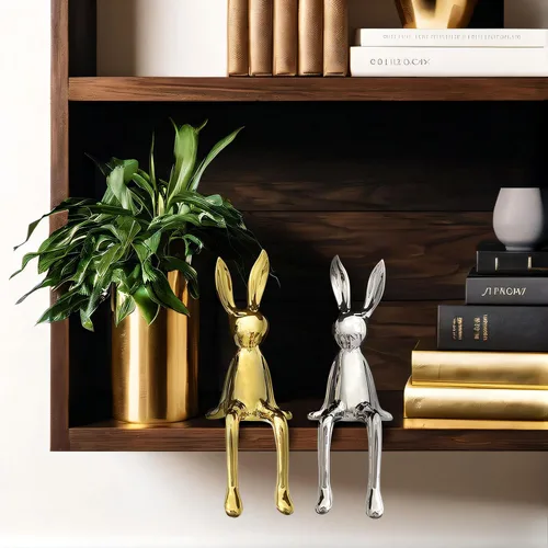 Vista 3 de Esculturas decorativas de conejo de 2 piezas, para el hogar, oficina, sala de estar, dormitorio, acentos, decoraciones, figuritas, pequeñas estatuas