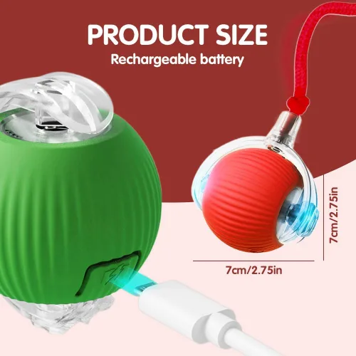 Vista 6 de Juguetes inteligentes para gatos de interior para adultos - Bolas rodantes interactivas con cordón imitación de ratón (Rojo)
