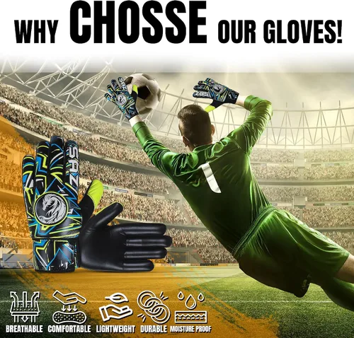 Vista 6 de SAZ Guantes de portero de fútbol, guantes de portero de fútbol para niños, niños y jóvenes, guantes de portero de fútbol con palmas de látex