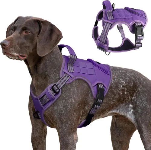 Vista 9 de Arnés táctico para perros grandes, chaleco de servicio militar resistente sin tirones con asa de control y 4 parches, arnés ajustable reflectante