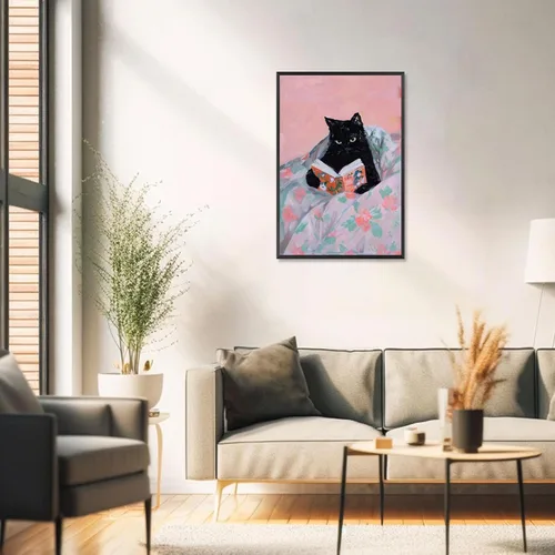 Vista 5 de Pósters divertidos de gatos negros con estilo funky Gatos de mascota leyendo en la cama Arte de pared en lienzo Impresiones de animales preppy