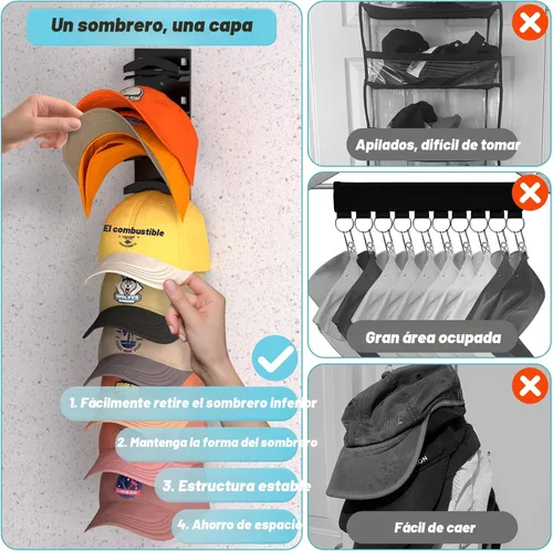 Vista 2 de Organizador de sombreros para gorras de béisbol, estante para sombreros de pared con adhesivo fuerte que sostiene hasta 10 sombreros, soporte