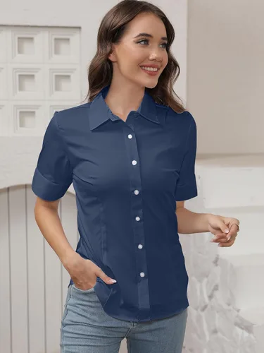 Vista 2 de SUNNOW Camisas de manga corta con botones para mujer, básicas, simples, elásticas, sin arrugas, blusas formales de trabajo